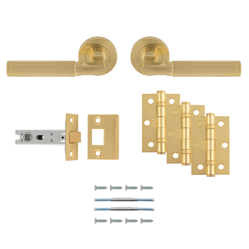 Belas Lever Handle On Round Rose Satin Brass - Door Kit