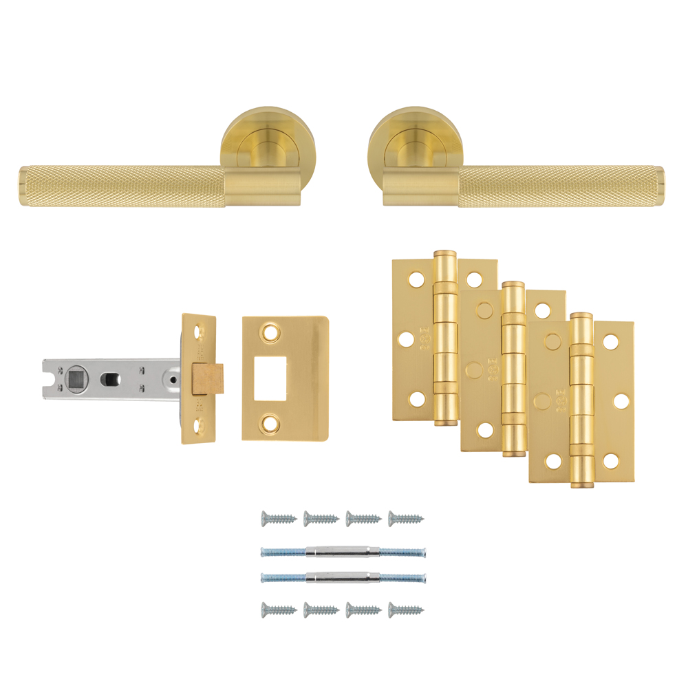 Lagos Lever Handle On Round Rose Satin Brass - Door Kit