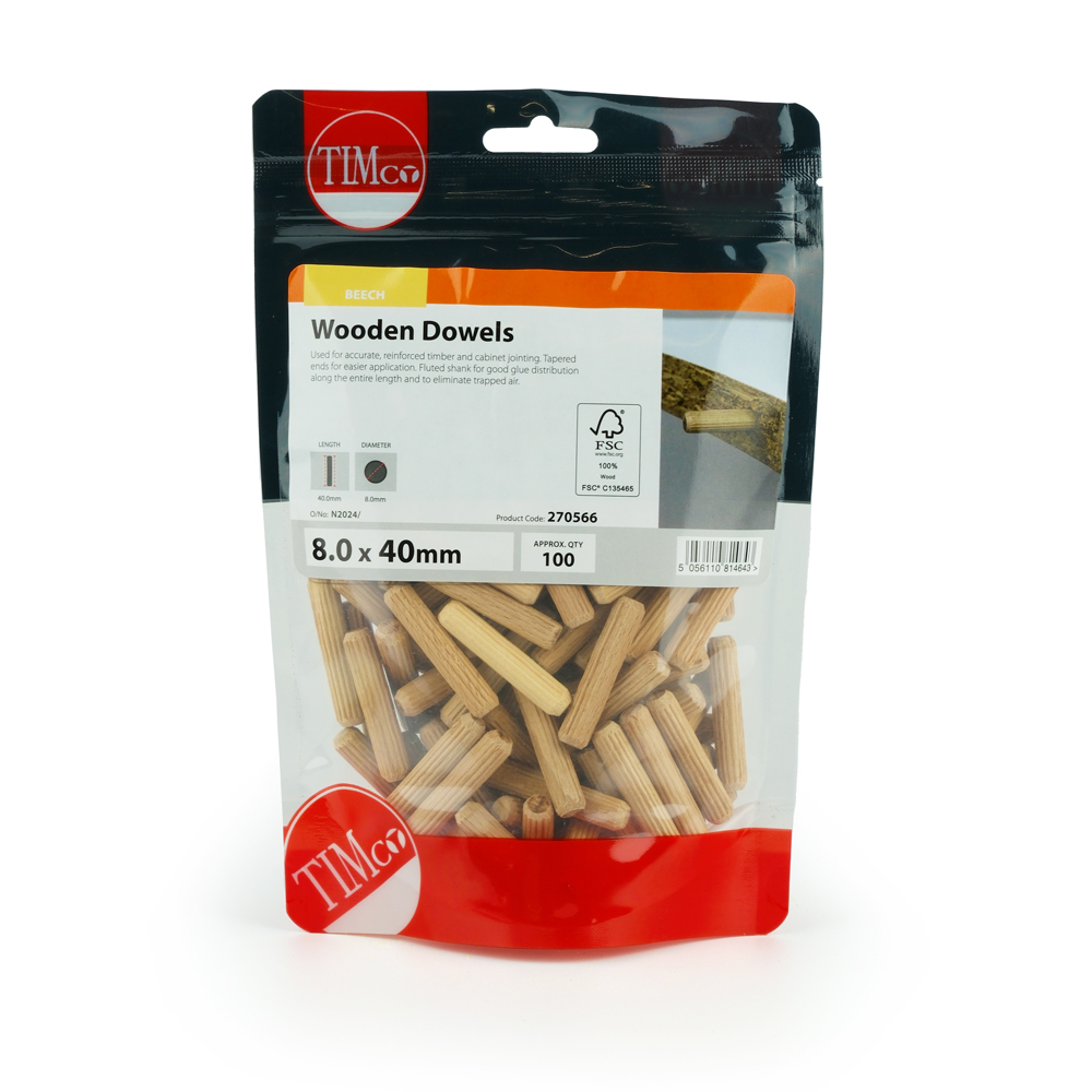 Wood Dowels 8mm x 40mm Pack of 100